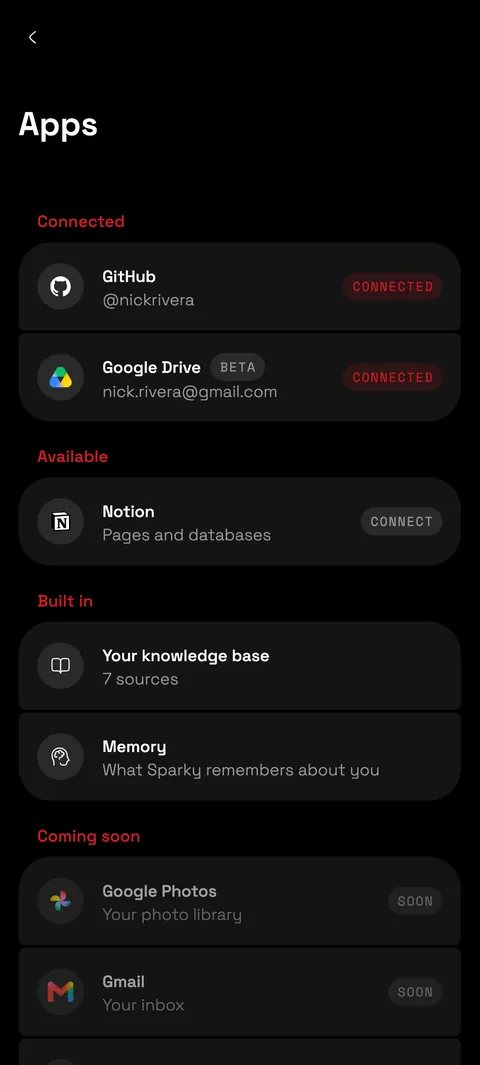 The Apps screen of sparky listing GitHub and Google Drive as connected and Notion as available.
