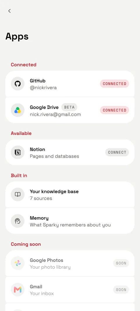 The Apps screen of sparky listing GitHub and Google Drive as connected and Notion as available.