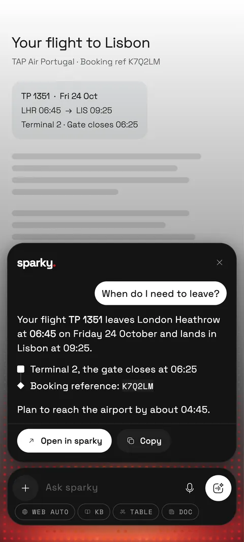 sparky open on top of a flight booking, answering that the flight leaves at 06:45 and the gate closes at 06:25.