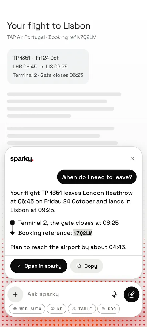 sparky open on top of a flight booking, answering that the flight leaves at 06:45 and the gate closes at 06:25.