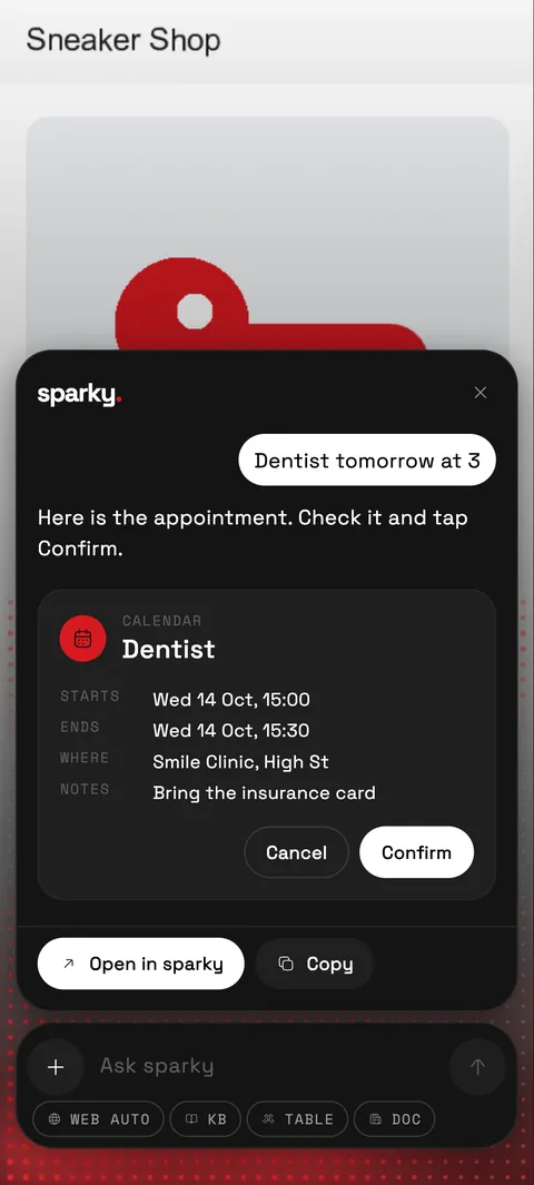 A calendar card in sparky for a dentist appointment tomorrow at 3, with Cancel and Confirm buttons.