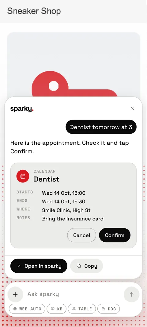 A calendar card in sparky for a dentist appointment tomorrow at 3, with Cancel and Confirm buttons.