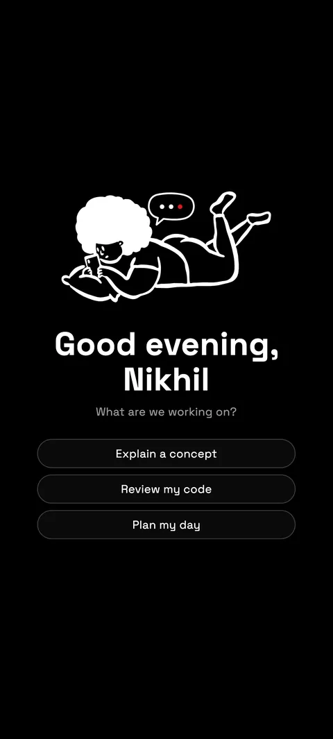 The sparky home screen greeting the user with suggestions like Explain a concept and Plan my day.