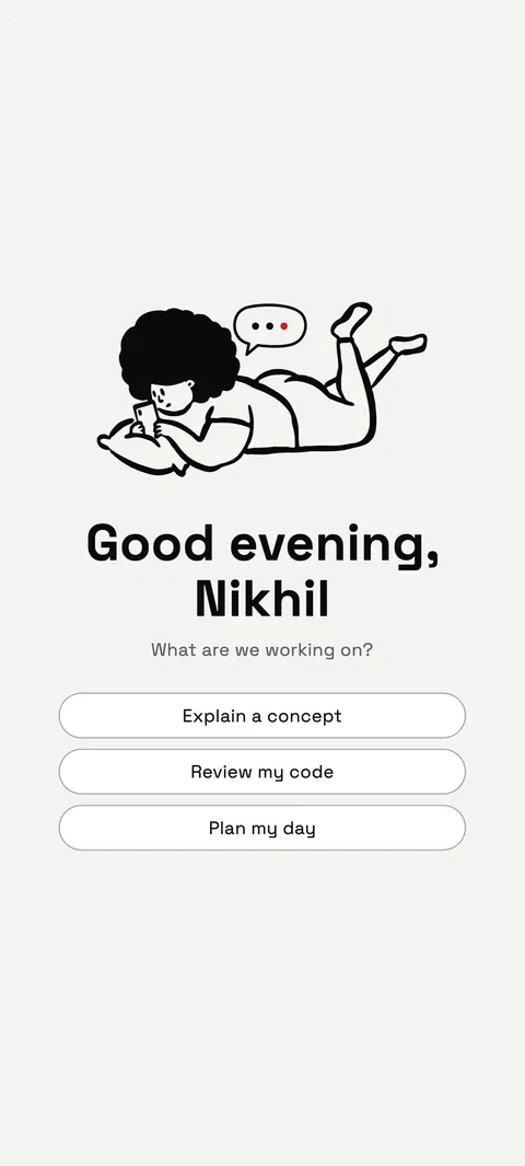 The sparky home screen greeting the user with suggestions like Explain a concept and Plan my day.