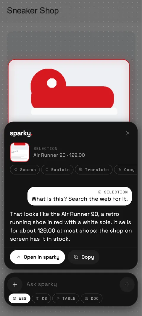 A shoe circled on screen, and sparky identifying it as a red retro running shoe with its price.
