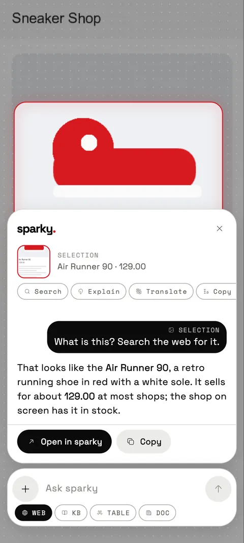 A shoe circled on screen, and sparky identifying it as a red retro running shoe with its price.