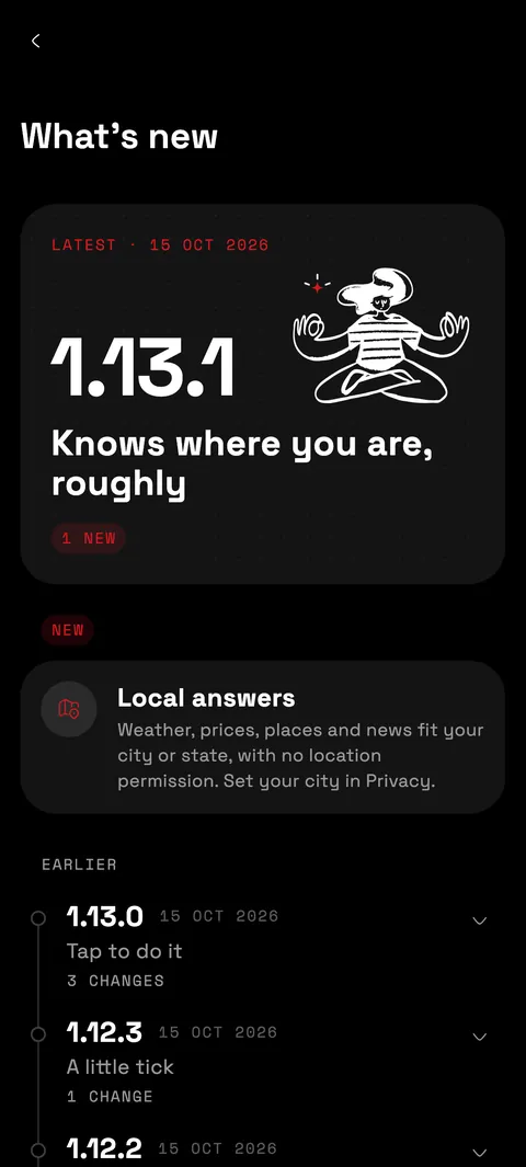The What's new screen of sparky, showing version 1.13.1, Knows where you are, roughly.