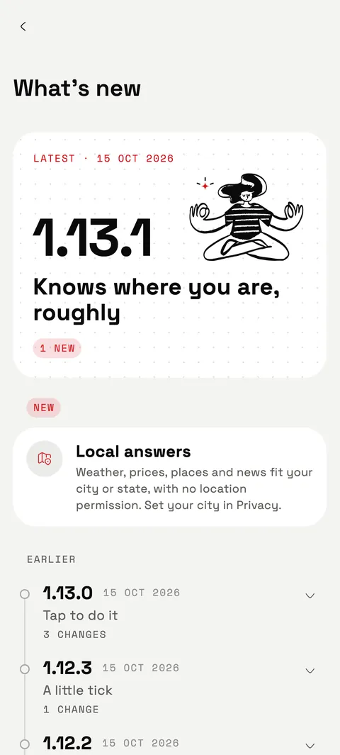 The What's new screen of sparky, showing version 1.13.1, Knows where you are, roughly.