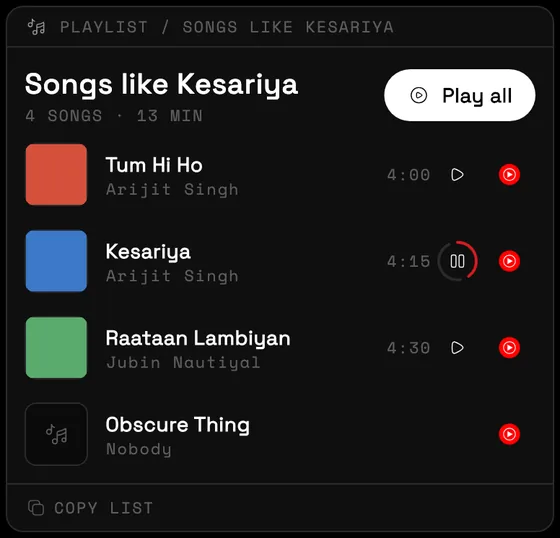 A sparky playlist card titled Songs like Kesariya, with four songs, covers, preview buttons and a Play all button.
