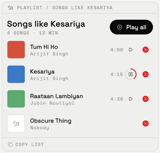 A sparky playlist card titled Songs like Kesariya, with four songs, covers, preview buttons and a Play all button.