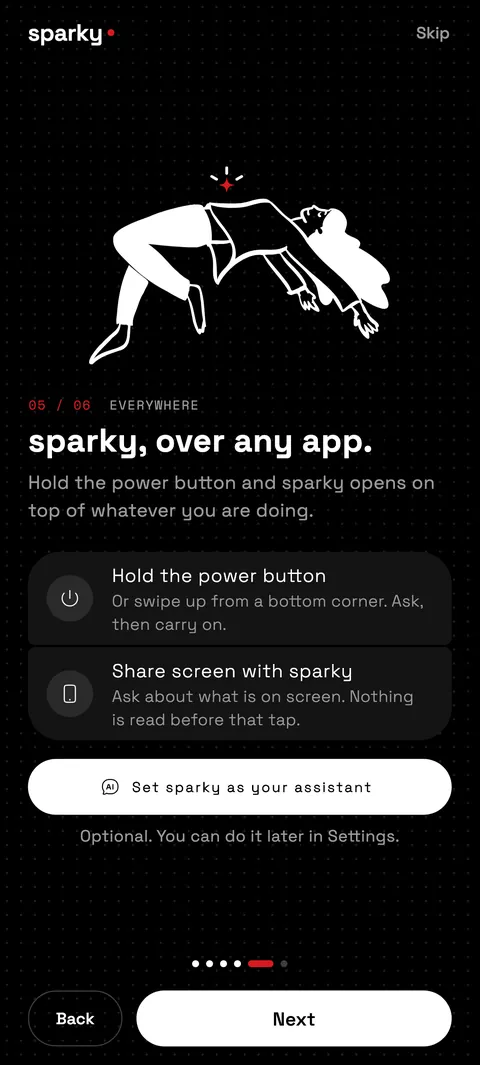 The sparky setup screen: hold the power button and sparky opens on top of whatever you are doing.
