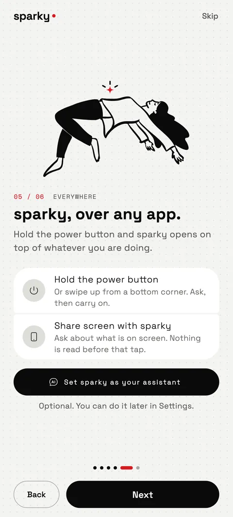 The sparky setup screen: hold the power button and sparky opens on top of whatever you are doing.